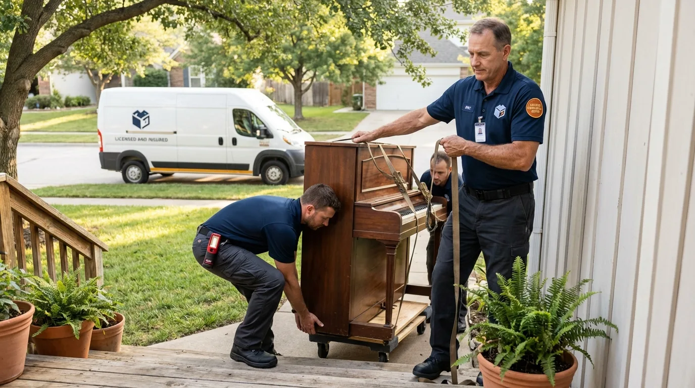 Licensed piano movers securing grand piano in Pawling, NY
