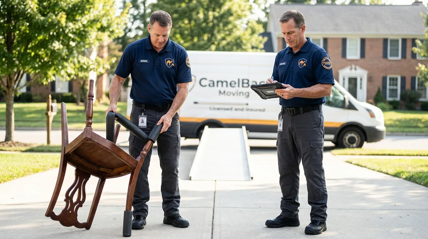 Movers inspecting furniture for damage prevention before loading in Pawling, NY