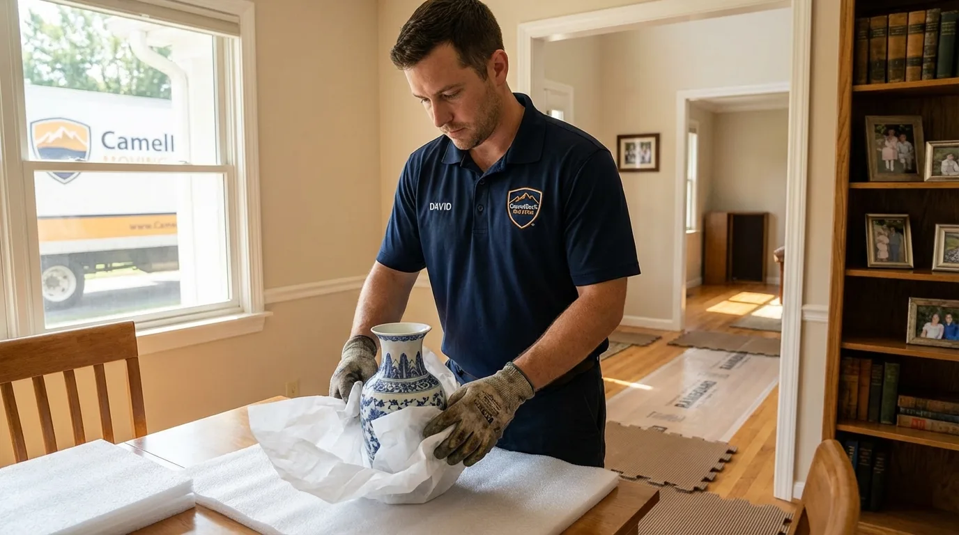 Professional crew carefully wrapping antique vase for senior downsizing move in Pawling, NY